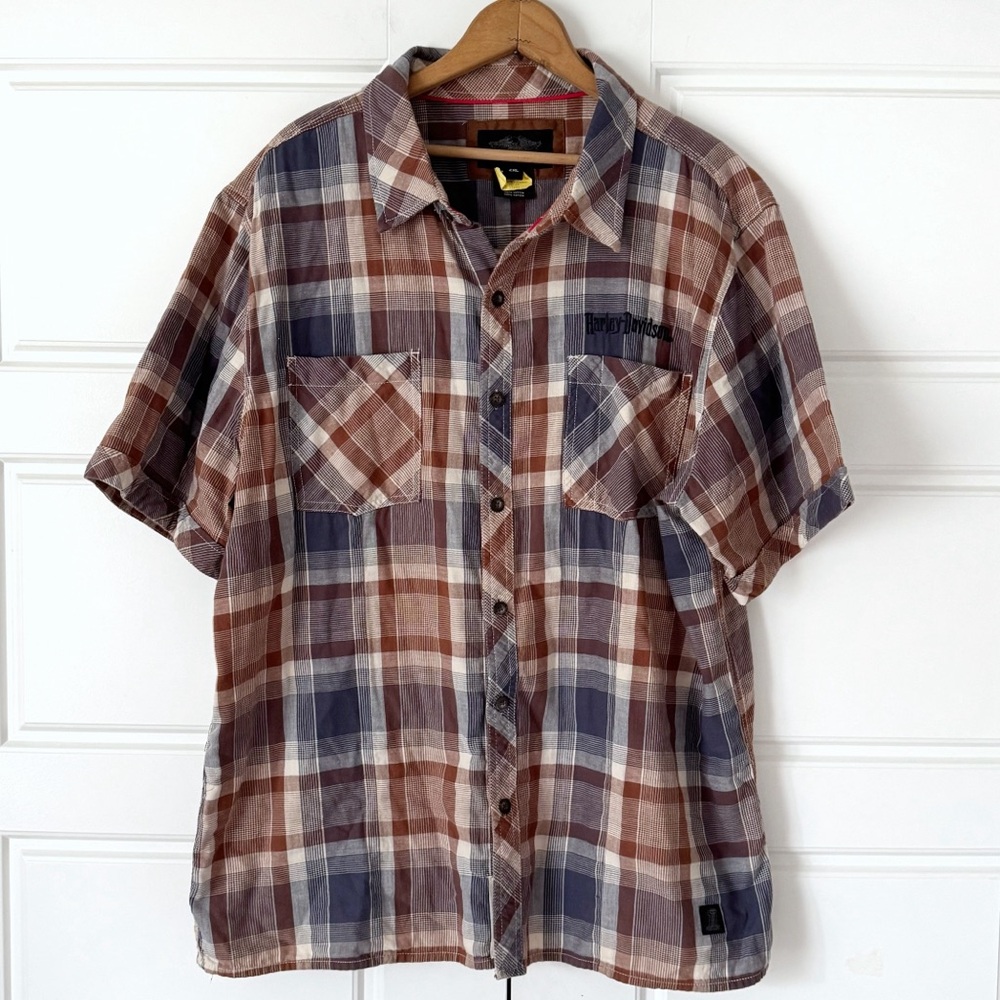 Harley Davidson Button Up Shirt 2XL Brown Plaid Wolf Biker Mechanic Short Sleeve